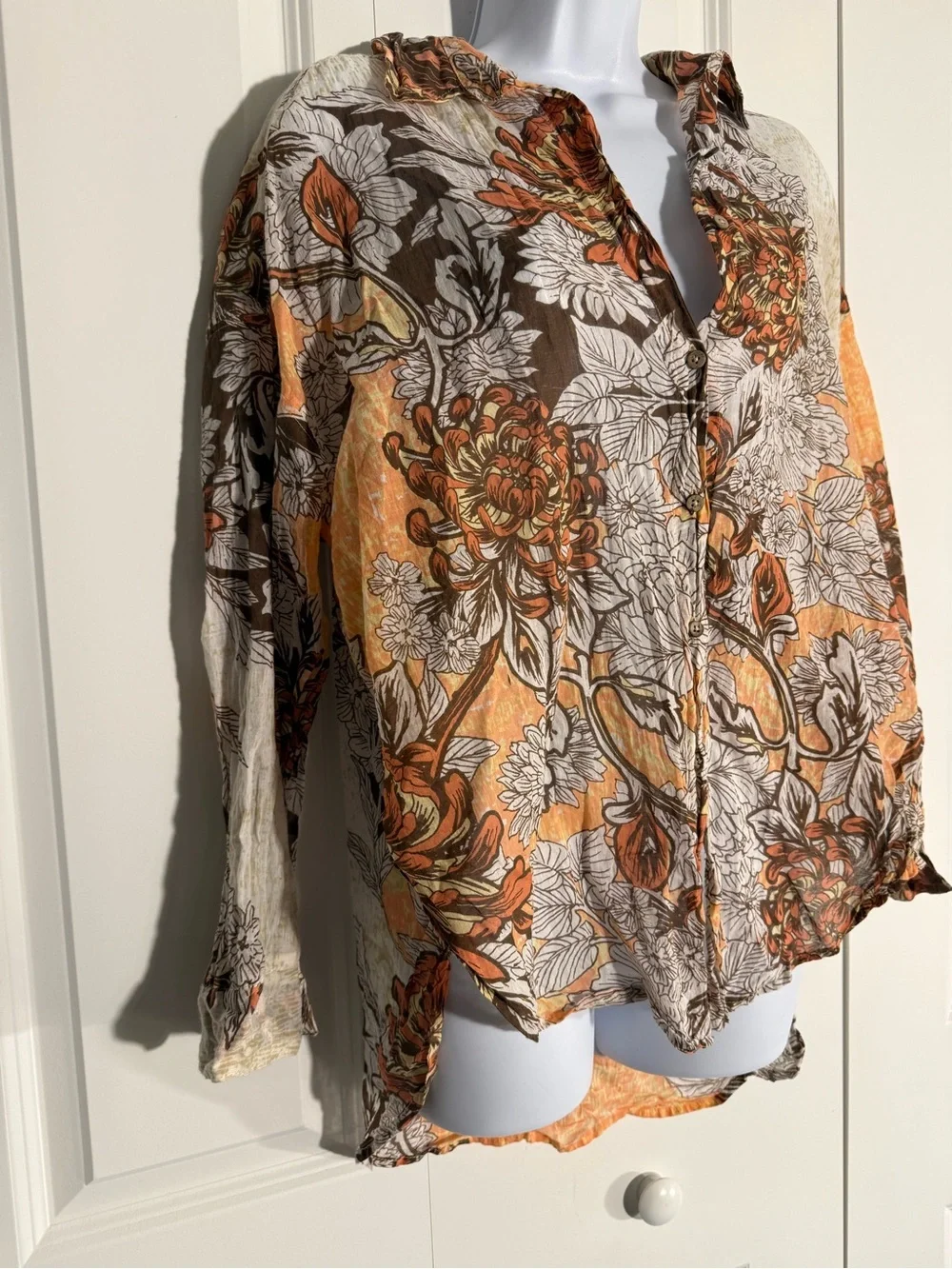 Floral Button-Front Boho Blouse in Orange, Brown & Cream
